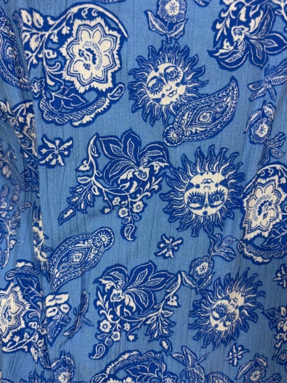 Anamorphic celestial paisley sun print blouse in a beautiful blue variant